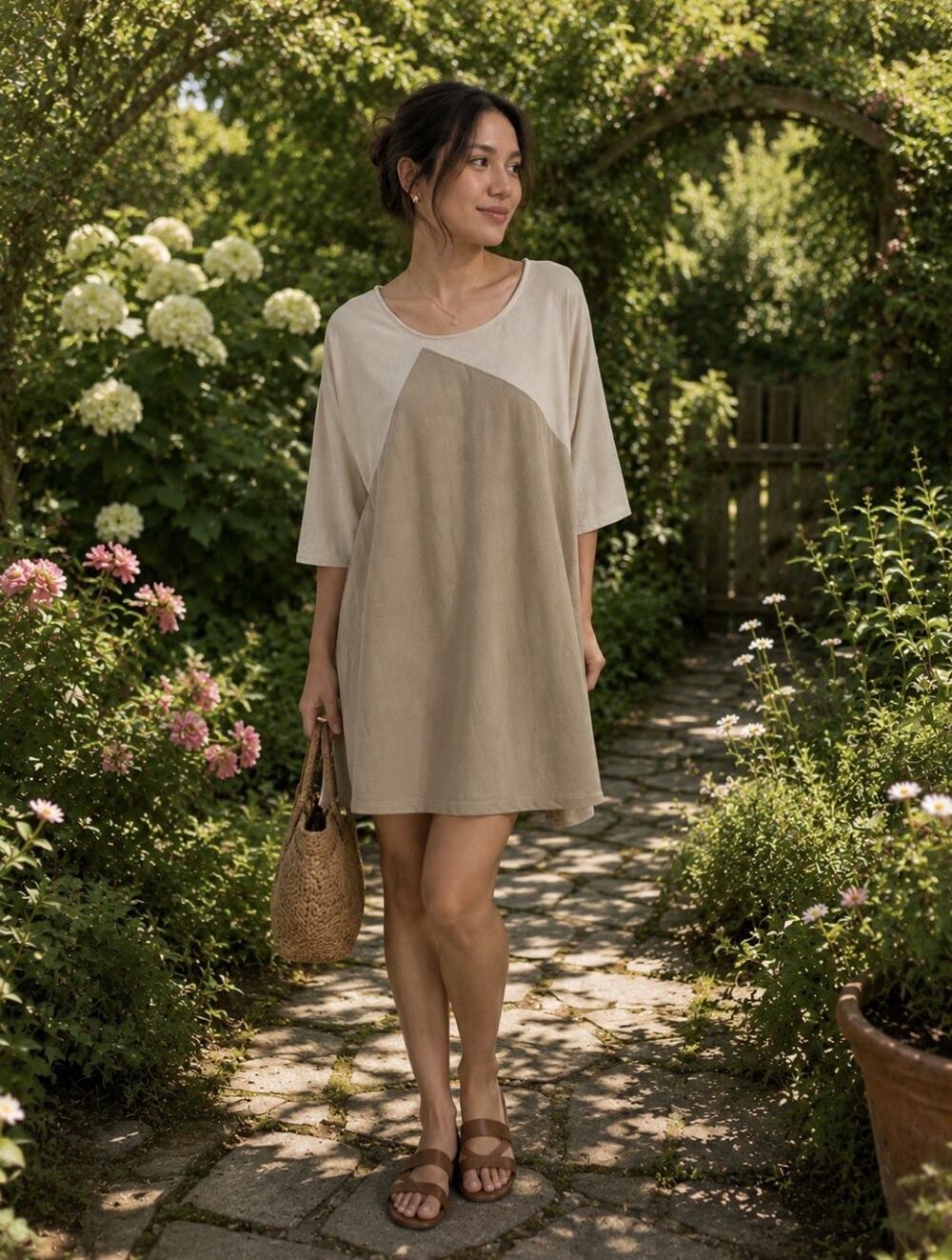 For Cynthia Tan Cream Linen Blend Color block Shift Dress Sz M Resort